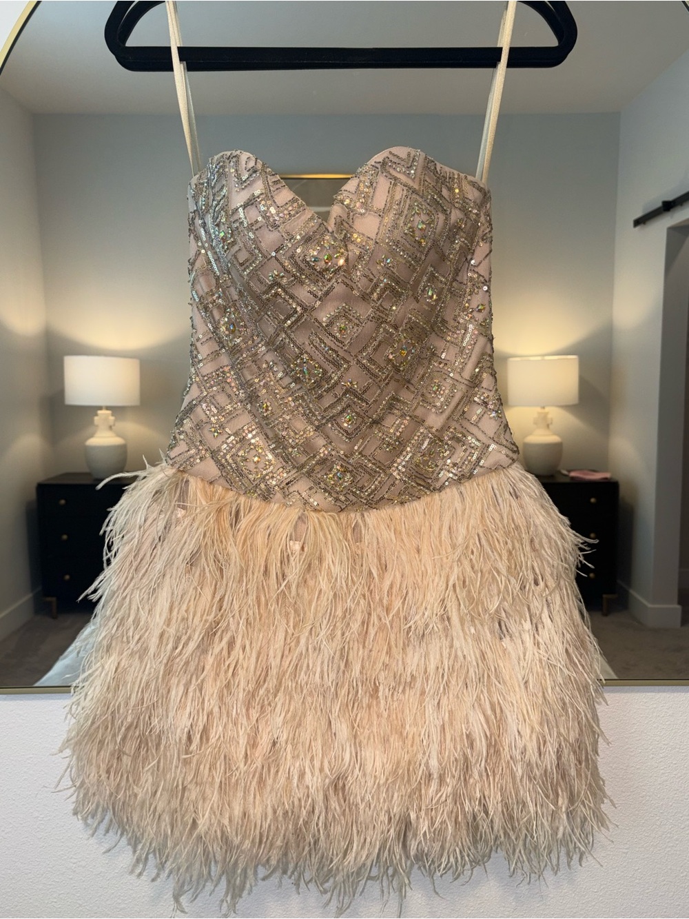 Source Unknown Blush Sequin Embellished Strapless Feather Mini Dress - Picture 16 of 16